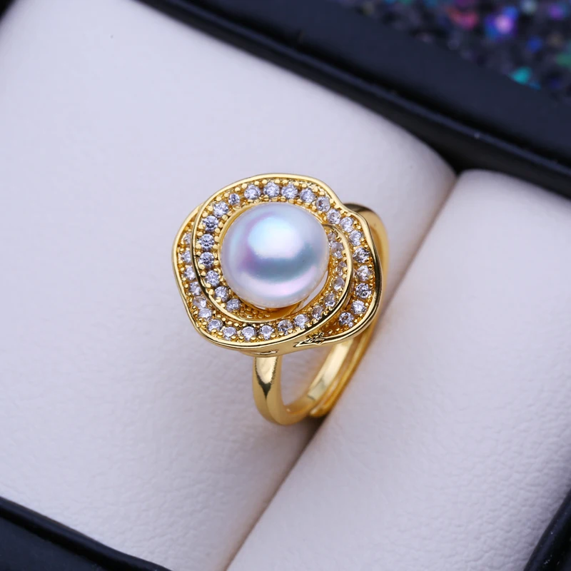 FENASY Natural Freshwater Pearl Rings For Women Bohemian Adjustable Gold Color Emerald Ring Female Party Wedding Jewelry