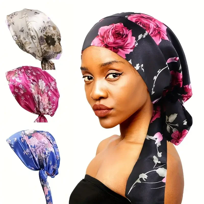 New Women silky satin night sleeping cap head wrap Bowknot Turban Pre Tied Fitted Bandana Chemo cap Nightcap hair loss patients