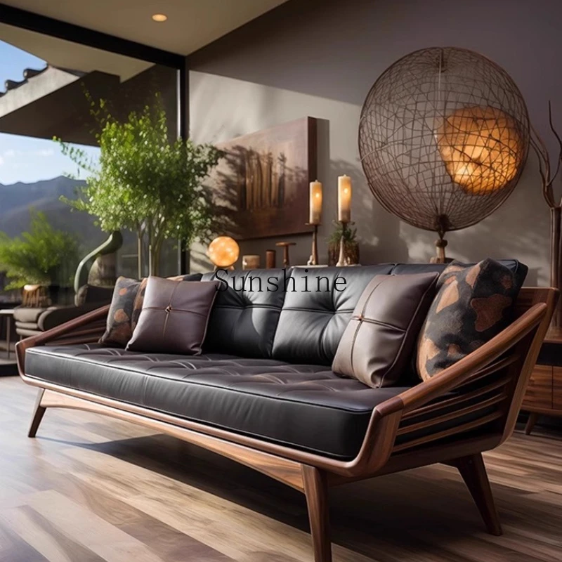

New Chinese-style solid wood straight-row sofa high-end leather small apartment living room simple and modern