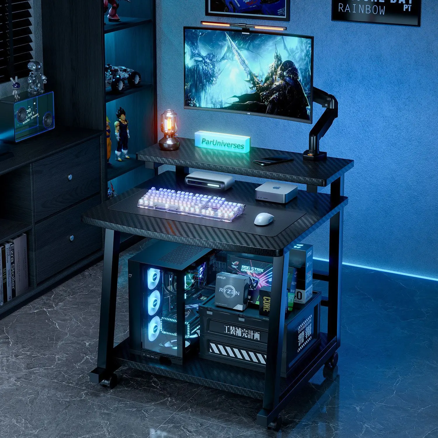 Carbon Fiber Textured 3-Tier Mobile Gaming Desk With Wheels, Height Adjustable Standing Computer Desk For Home Office Gaming