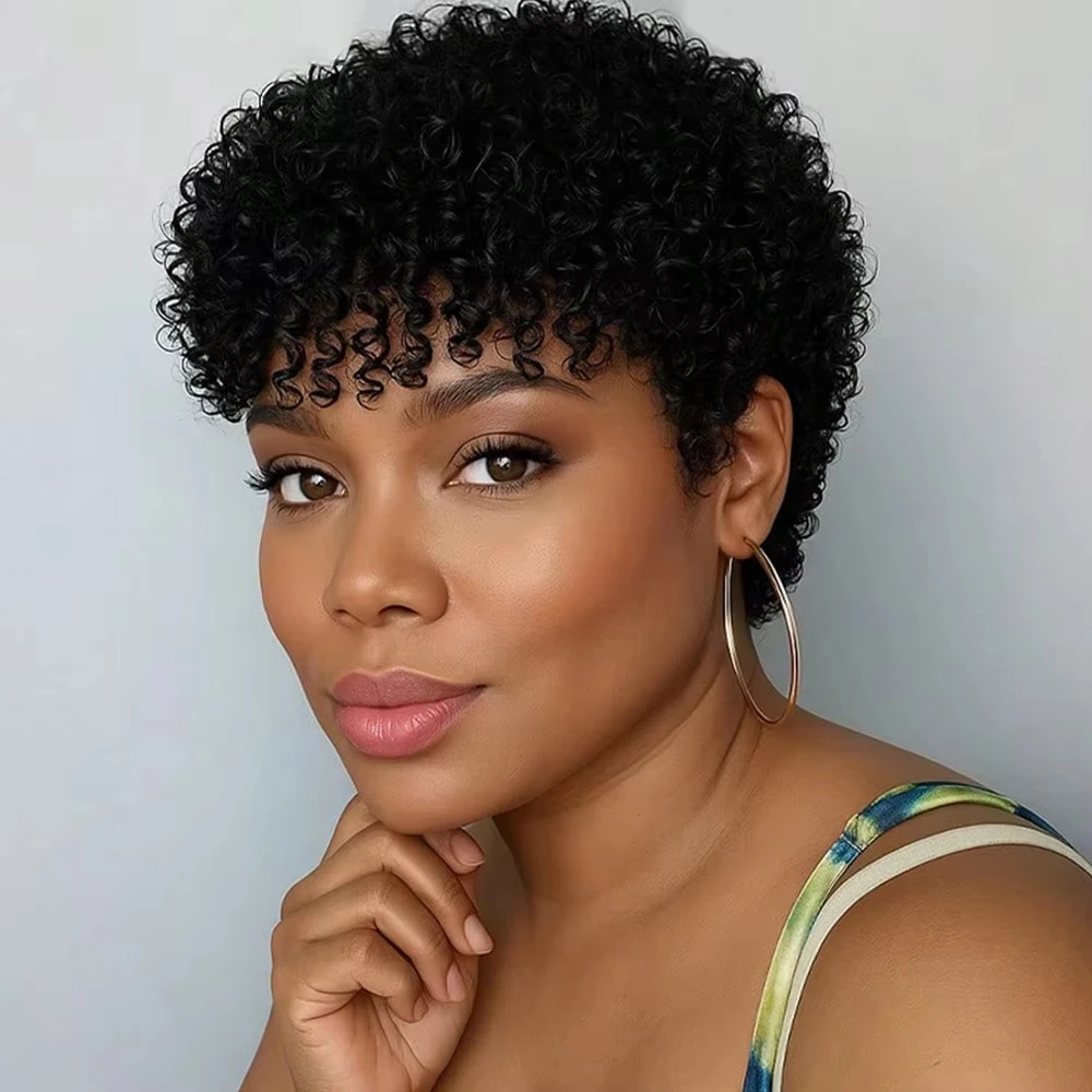 Afro Curly Wave Human Wig Short Pixie Cut Wig Fluffy Jerry Curly Wigs for Women Human Hair Wig Machine-Made 180% Density