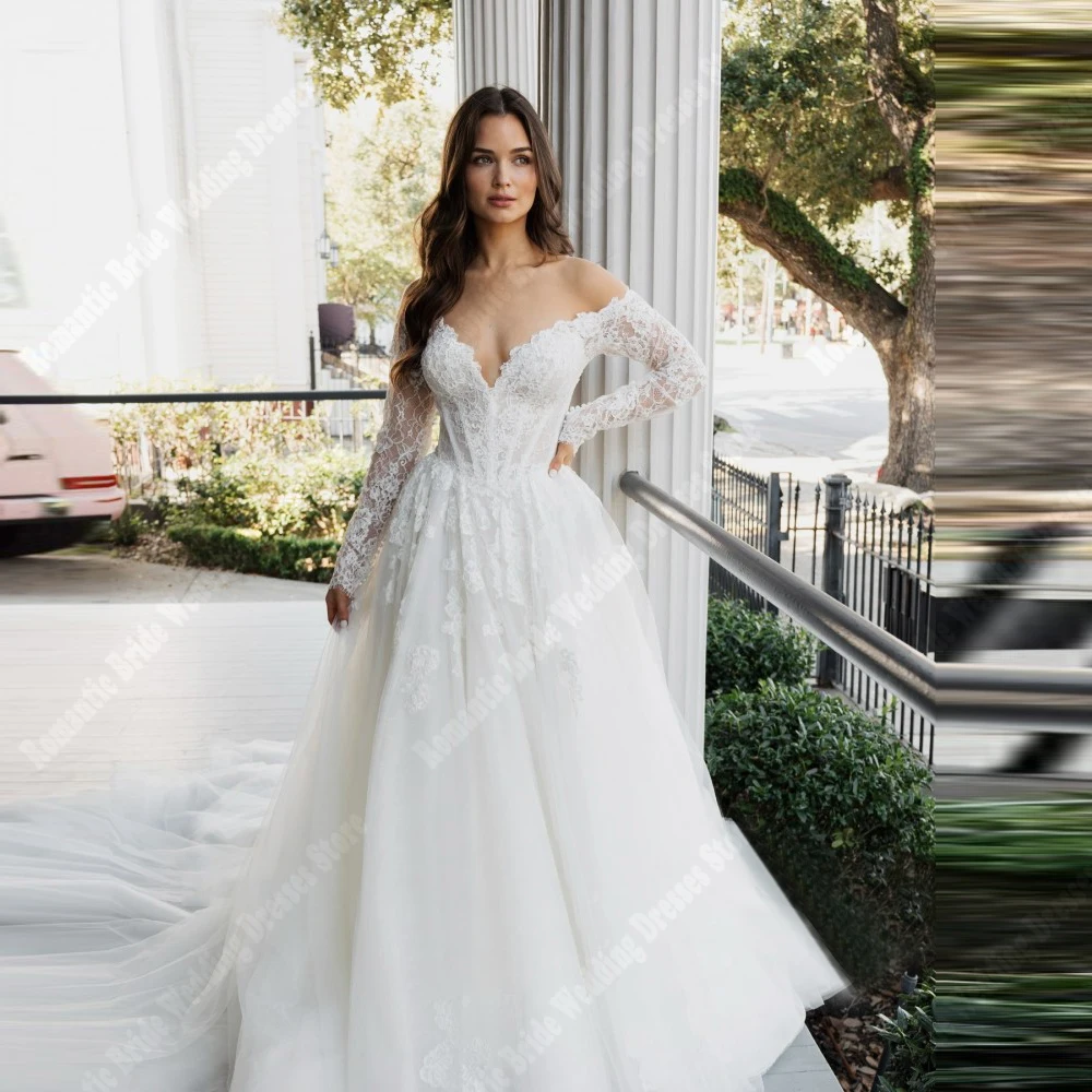 

Off The Shoulder Women A-Line Wedding Dresses Sweetheart Long Sleevels Mopping Length Bride Gowns Vestidos De Novia Customized