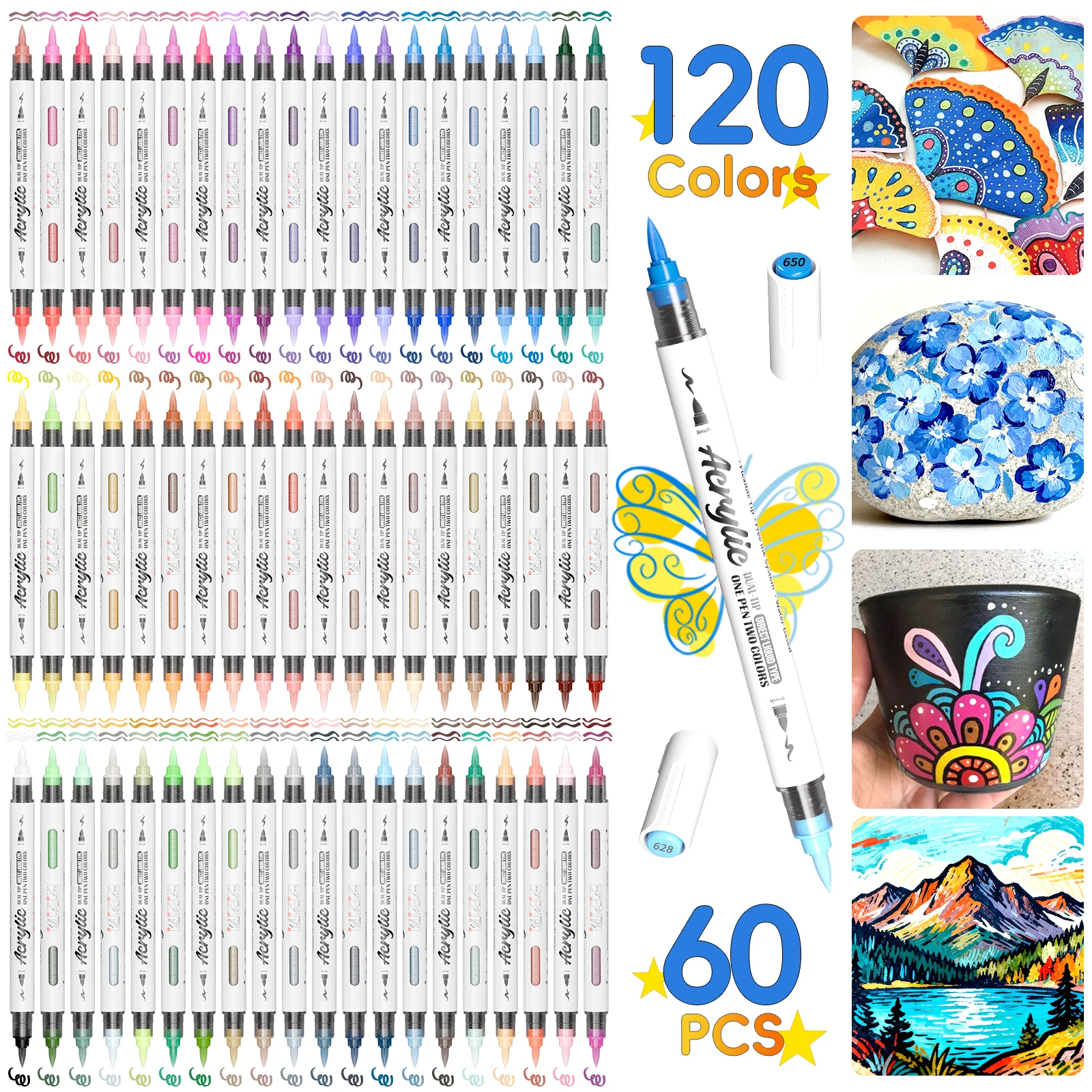 Dual-Tip Dual-Color Acrylic Paint Markers, Markers with High Coverage and Vibrant Colors, Equipped with Fine Tip Brush Heads, Suitable for Glass, Paper, Plastic, Etc. for DIY Creations, Art Supplies, School Art Supplies, a Must-Have for Back-To-School Season.