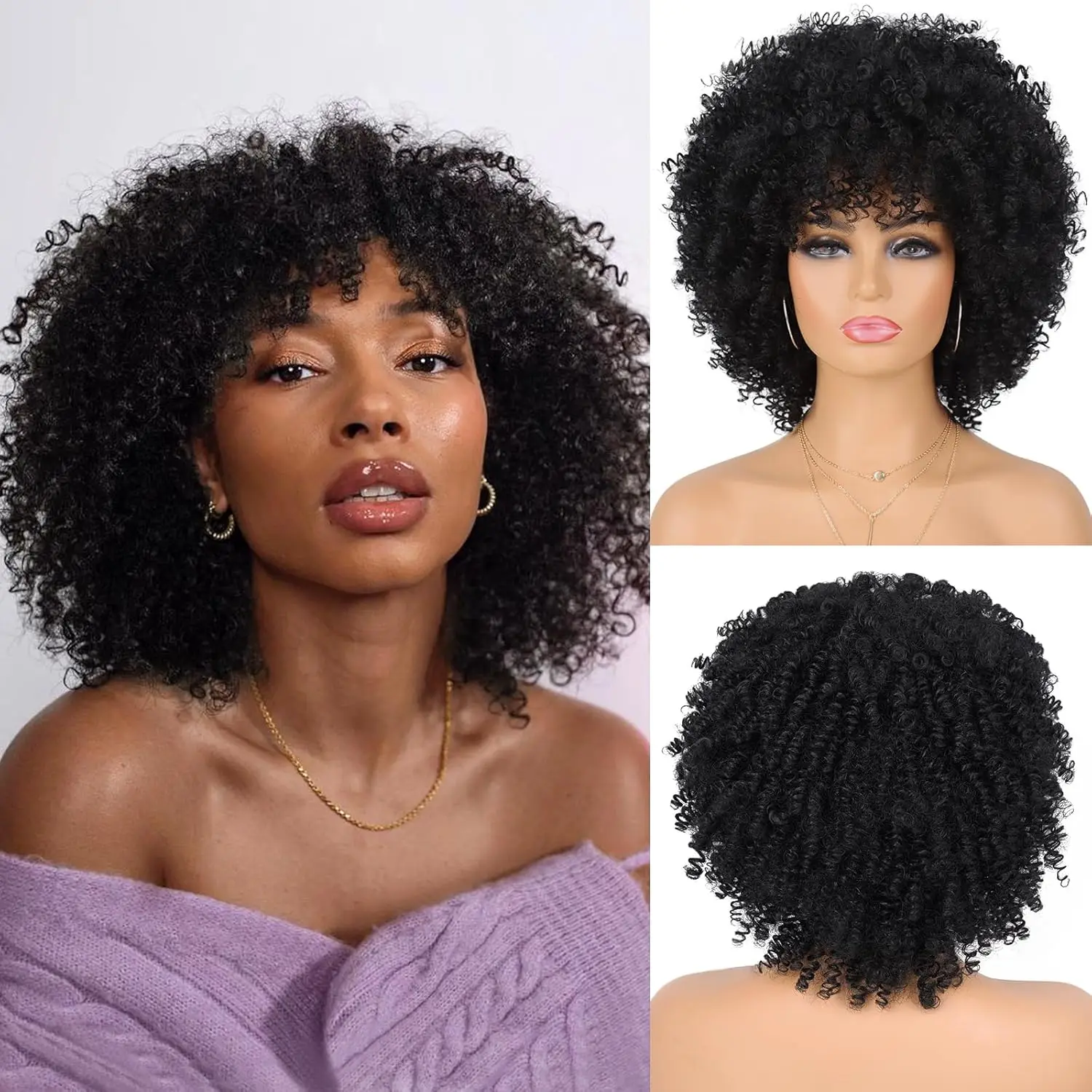 

Synthetic Afro Wig for Black Women Fluffy and Soft Kinky Curly Wig Glueless Short Curly Wig with Bangs Hair for Daily Party Use