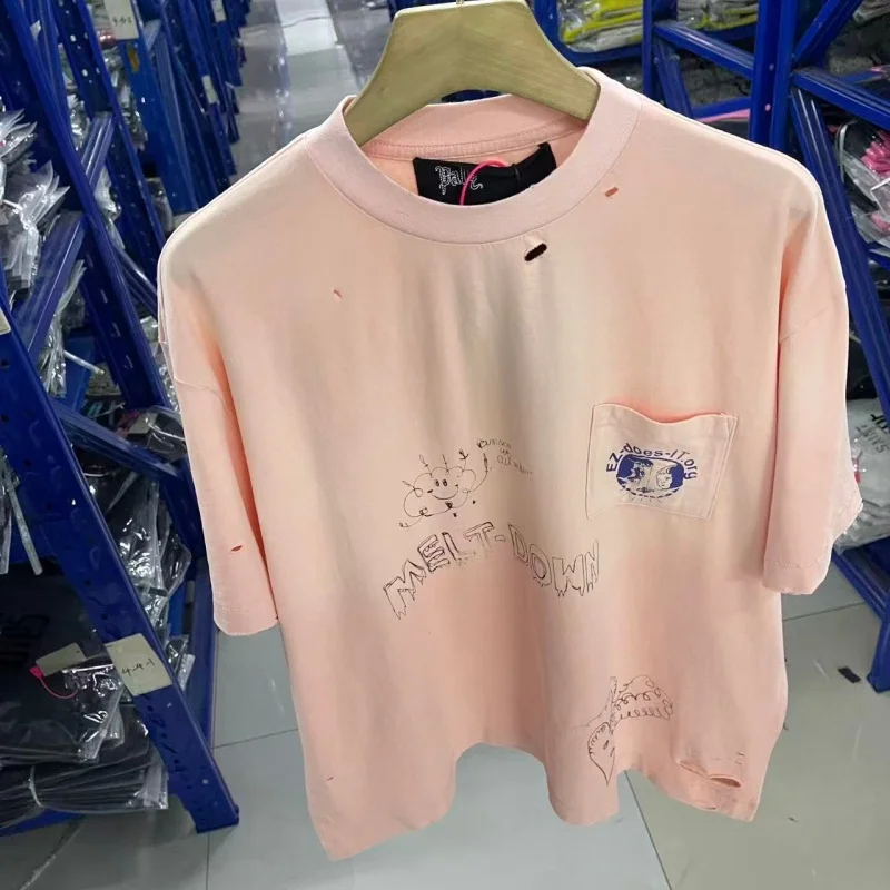 Distressed Pink Cotton T-Shirt Men Paly Ripped Pocket Sketch Print Oversized Street Tee
