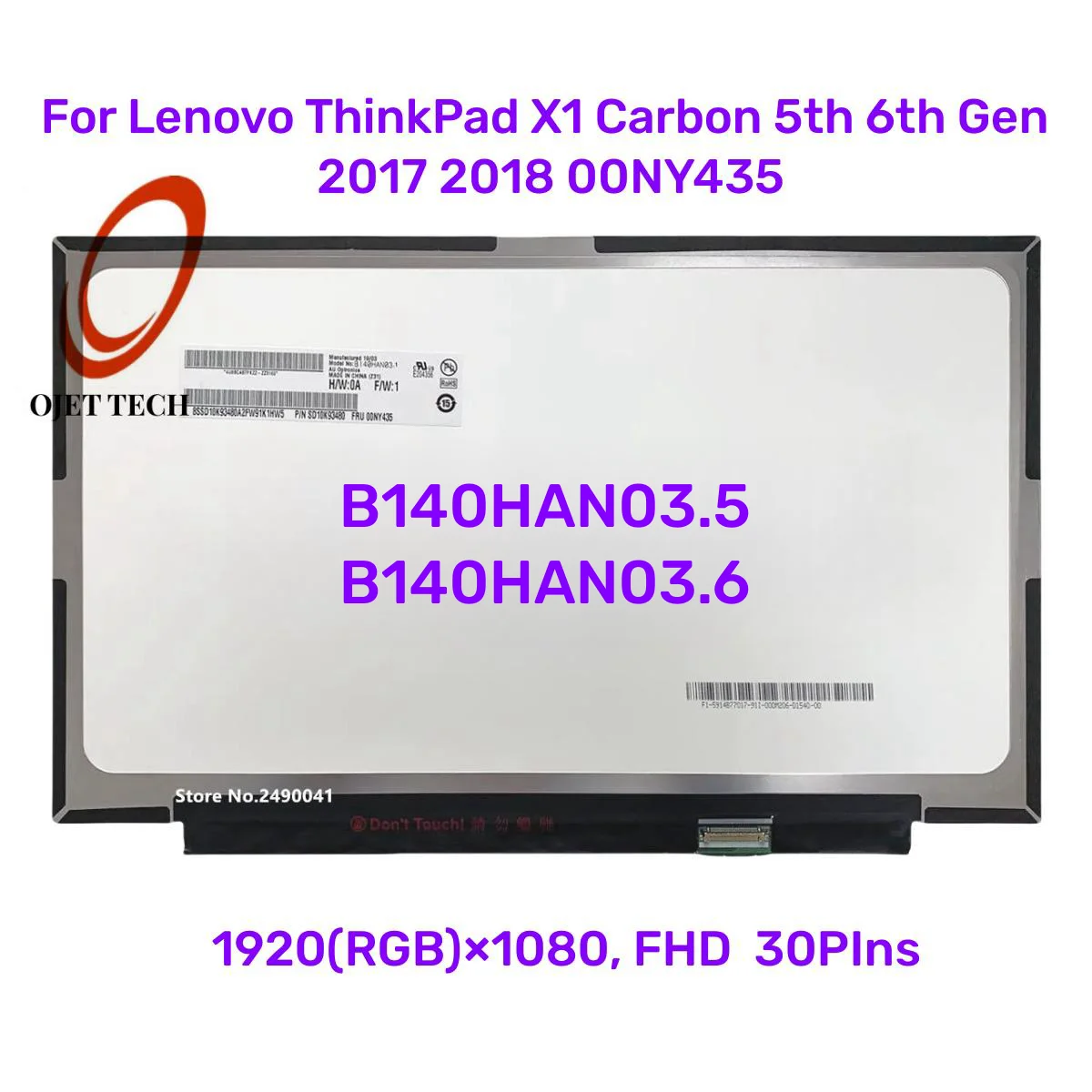 Imagem -01 - Tela Lcd para Lenovo Thinkpad x1 Carbon 5th e 6th Gen 2023 2023 B140han03.5 B140han03.6 Fhd Ips 72 Ntsc 30pin