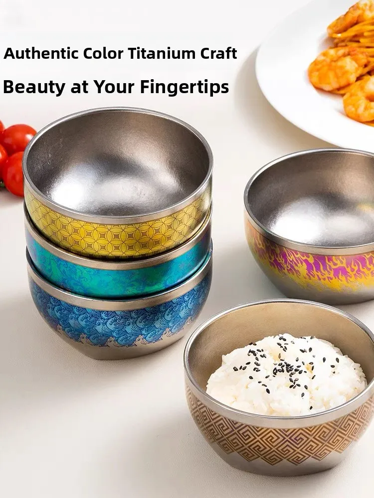 

Титановая детская миска для риса из чистого титана, двухслойная термостойкая суповая миска из титана, набор титановой посуды из чистого титана