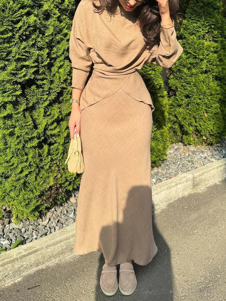 CHICEVER Solid Spliced Folds Skirt Suit Women O Neck Long Sleeve Top High Waist Slim Skirts Set Female Arabian Dubai Clothes New