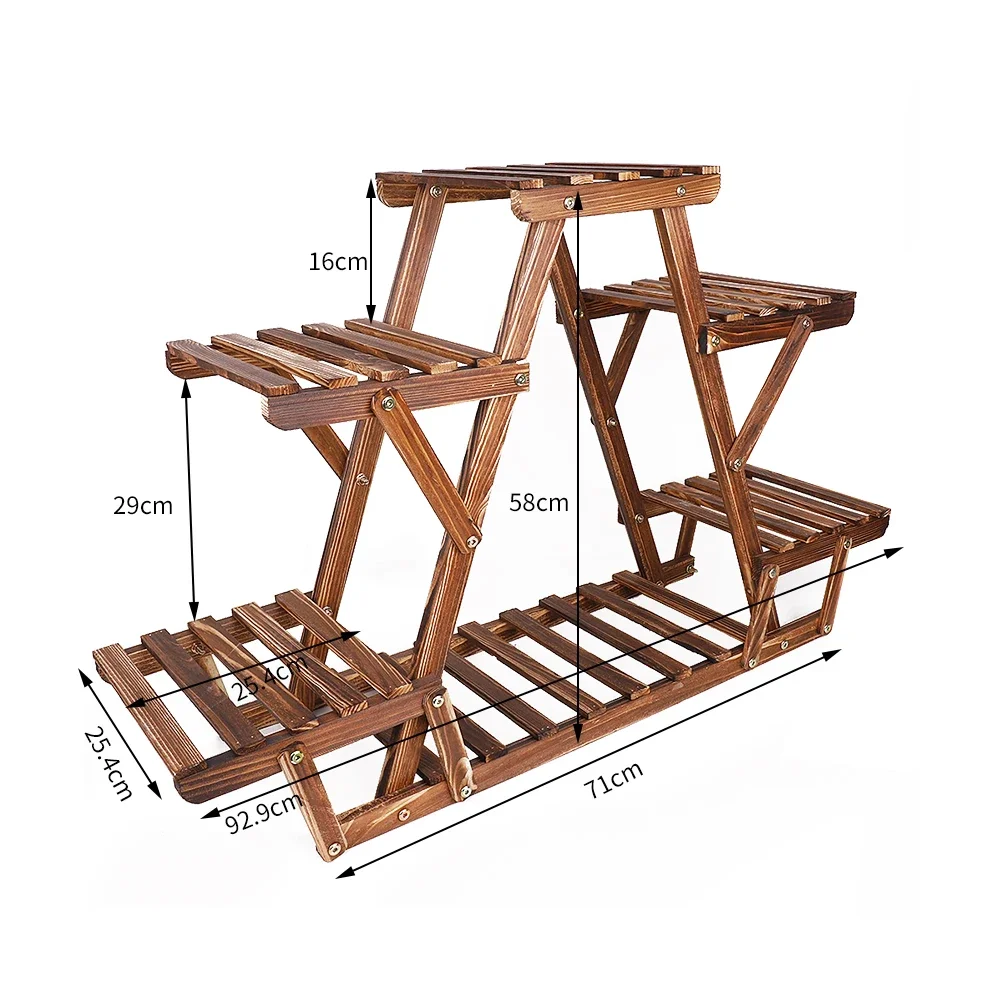 Soporte de plantas de madera para interiores y exteriores, estante de exhibición de macetas, triángulo carbonizado, 6 niveles, esquina