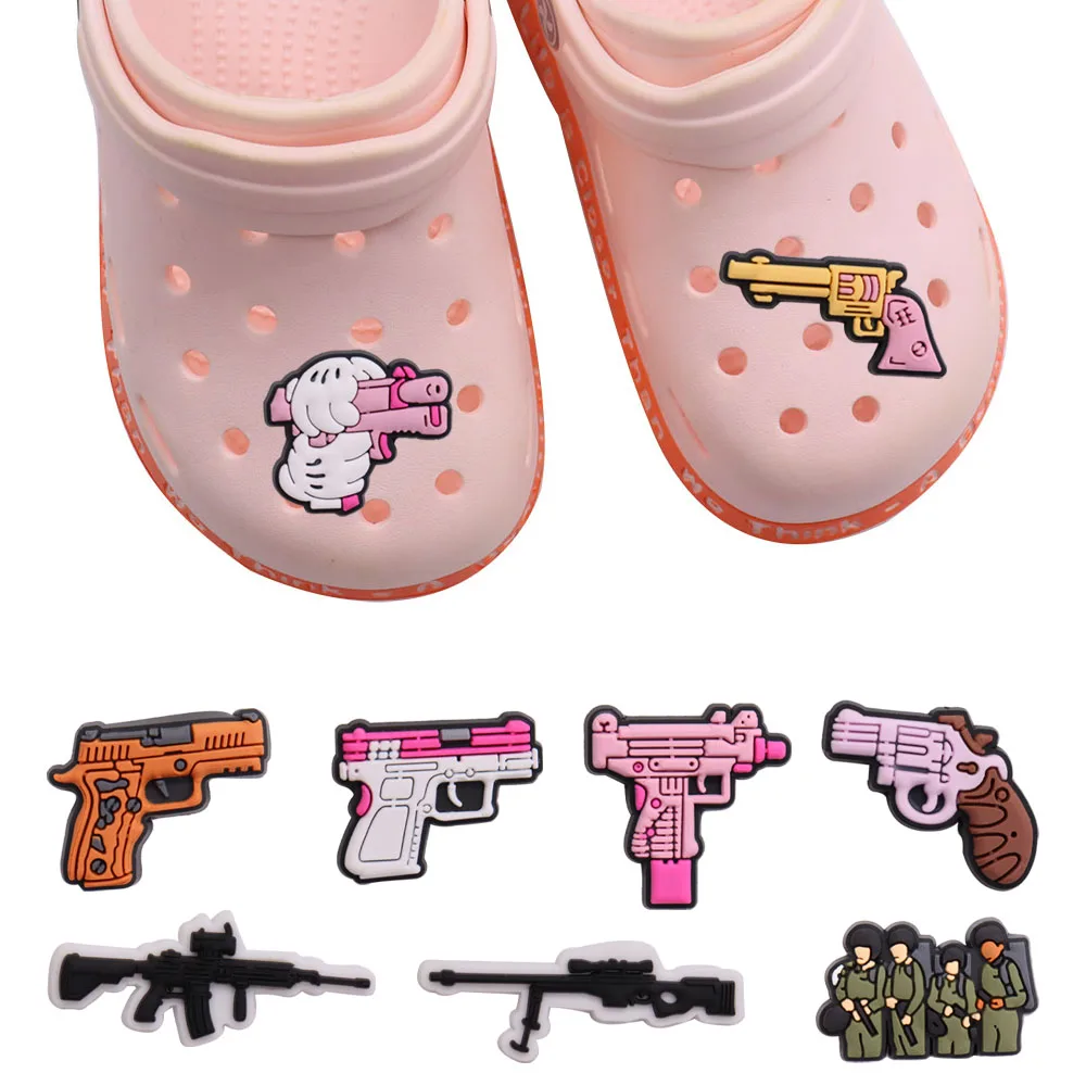 Hot Sale 1pcs Shoe Charms Pink Toy Pistol Revolver Soldier PVC Accessories Garden Shoes Buckles Decoration Fit Kids X-max Gift