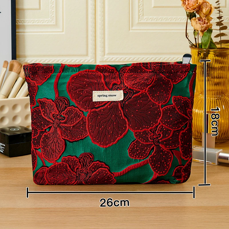 Luxury Floral Makeup Bag for Women Red Flower Canvas Travel Toiletry Organizer Cosmetic Pouch Fashionable Ladies Accessory