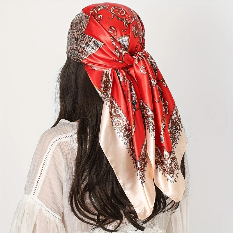 3PCS Graceful Floral Print Square Scarf 35.43 inch Large Handkerchief Exquisite Golden Design Soft Daily Wear Travel Additions