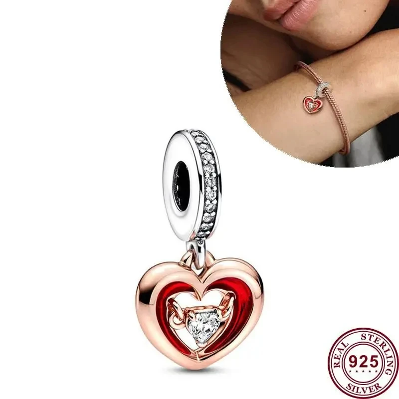 New Hot 925 Silver Shining Heart To Heart Connection Original Women's Padlock Logo Charm Used For Bracelet Pendant DIY Jewelry