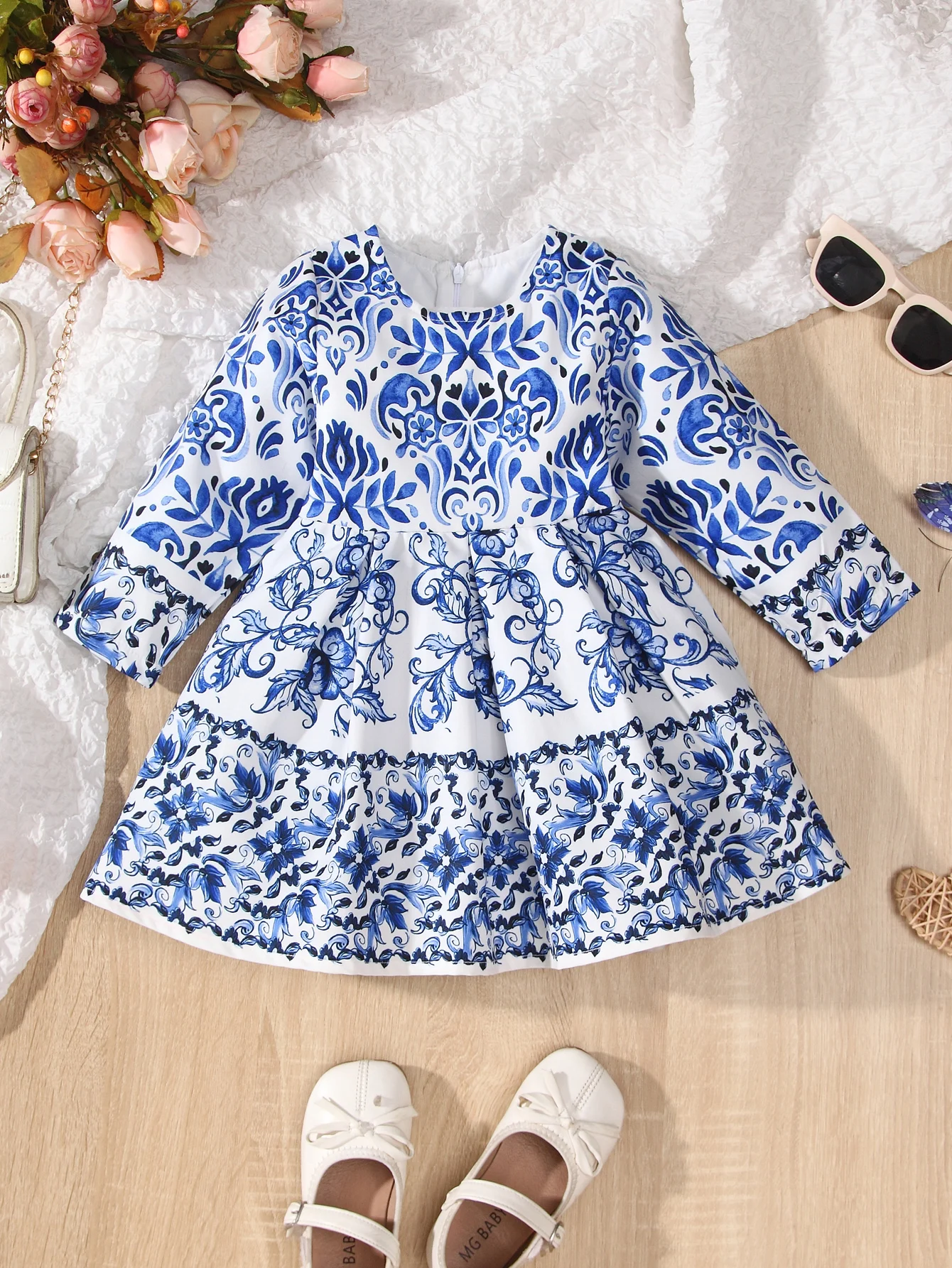 2024 New Arrival Spring/Autumn Floral Print Long Sleeve Girls' Dress Cute Princess Dress with Chinese Style