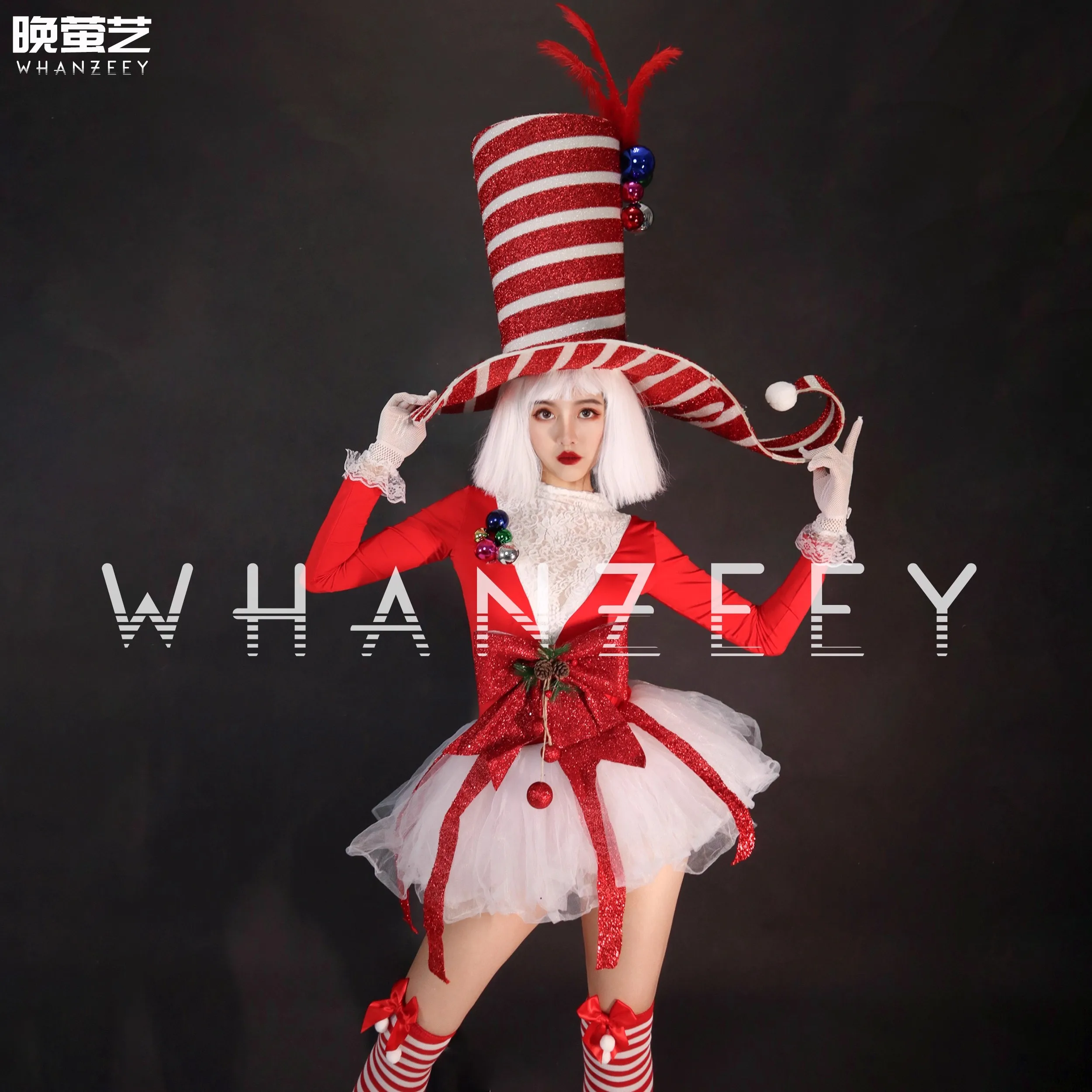 Bar Gogo Kerstkostuum Rood Wit Gestreept Overdreven Grote Hoed + Outfits Carnaval Parade Dsds Zanger Dans Podiumfeest Prom Wear