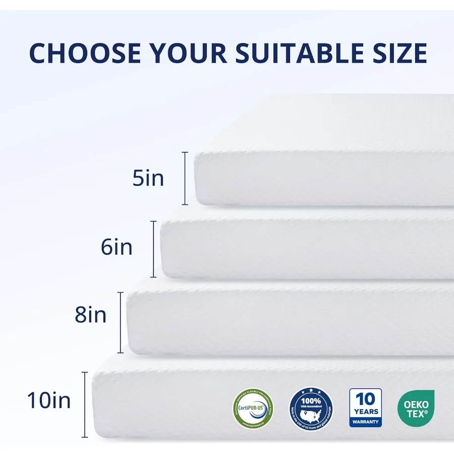 مرتبة كاملة الحجم مقاس 5 بوصة مرتبة إسفنجية الذاكرة للشاي الأخضر، ملمس متوسط، خالية من الألياف الزجاجية، سرير في صندوق، غطاء قابل للإزالة وقابل للغسل #2