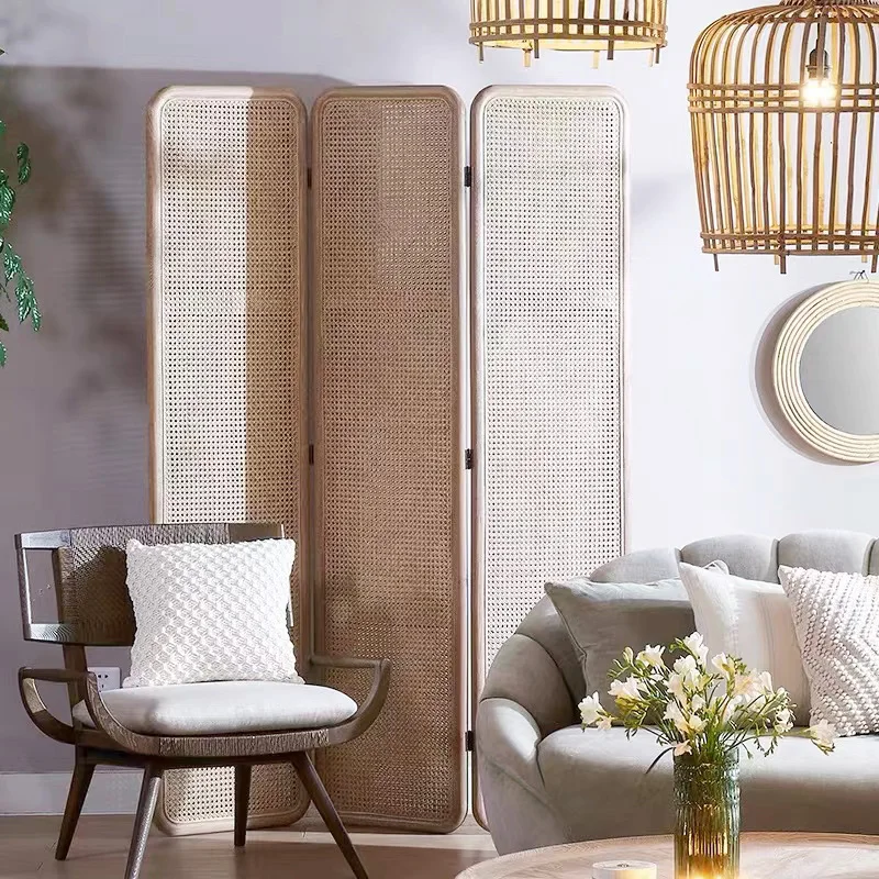 Scandinavian rattan woven screen, solid wood bedroom, living room, movable partition wall, retro entrance, and indoor shelter