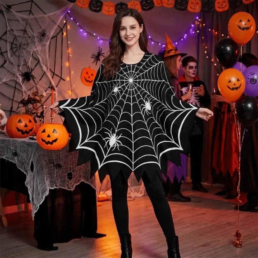 Cosplay Costume Scary Halloween Spider Web Cloak Creepy Black Shawl Poncho Cape Ghost Poncho Carnival Costume