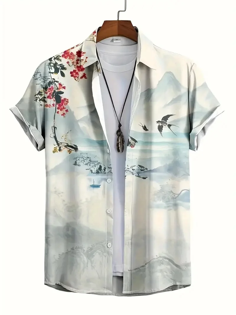 Men\'s fashionable Hawaiian lapel pattern shirt with trendy ink animal print suitable for summer vacation and casual wear