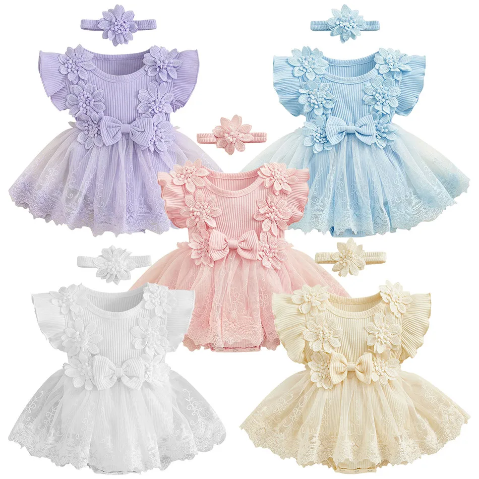 

Adorable 2024 Summer Lace and Net Baby Girls One-Piece Dress with Floral Details Designed for Newborns and Infants Bodysuits