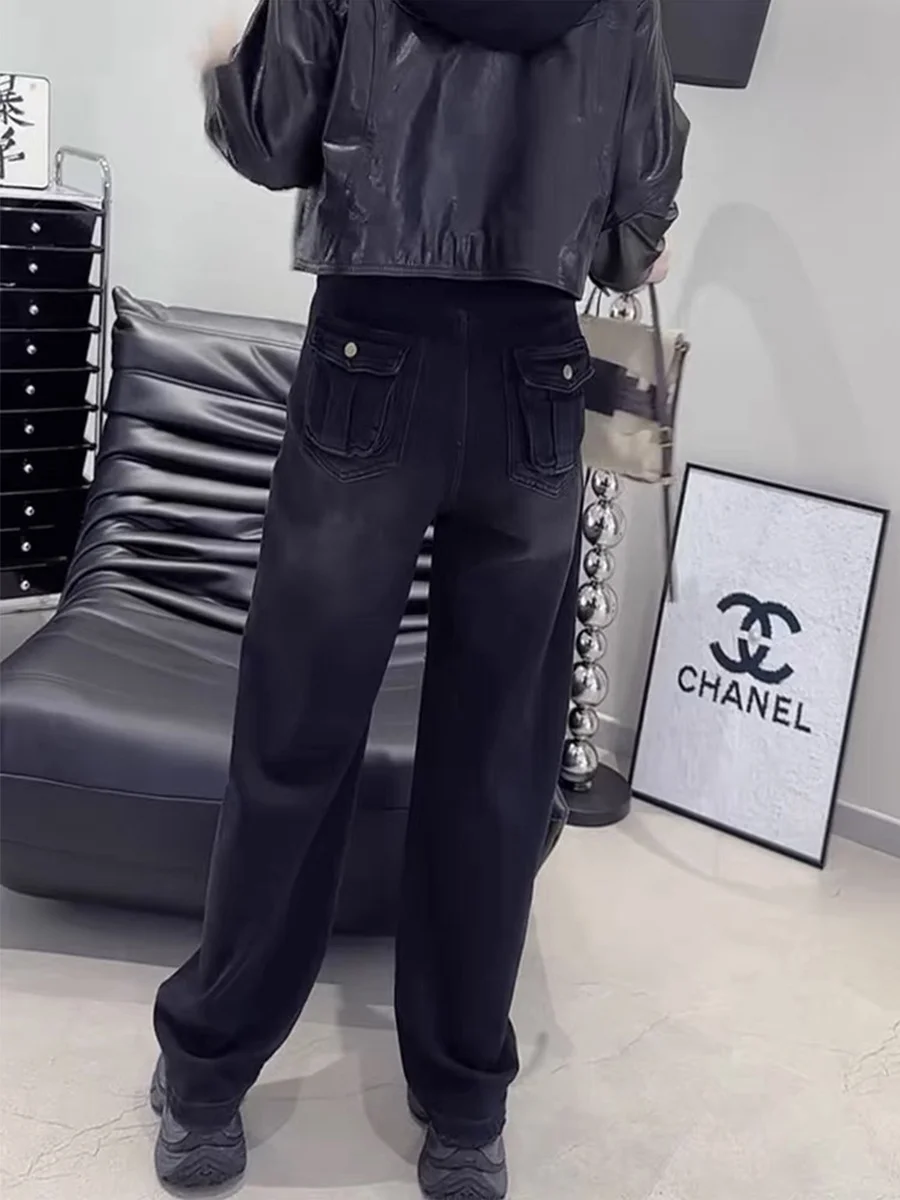 

High Waist Black Skinny Denim Jeans Women's Autumn Winter plus Size Straight Leg Wide Leg Pants Pear Shape Body Retro Style