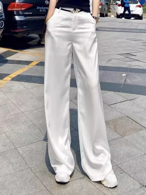 Acetate Satin Wide Leg Pants Women's Summer 2026 New High Waist Drape Loose Slim Straight Casual Trousers Commute Style