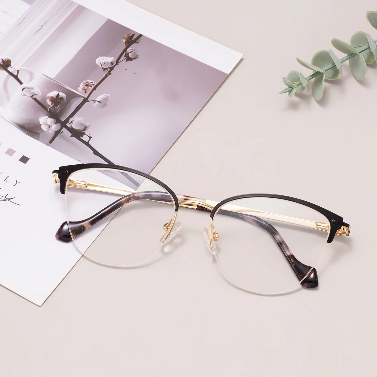 Women Half-Rimless Prescription Glasses Retro Chic Cat Eye Metal Half Rim Myopia Spectacles Round Progressive Optical Eyeglasses