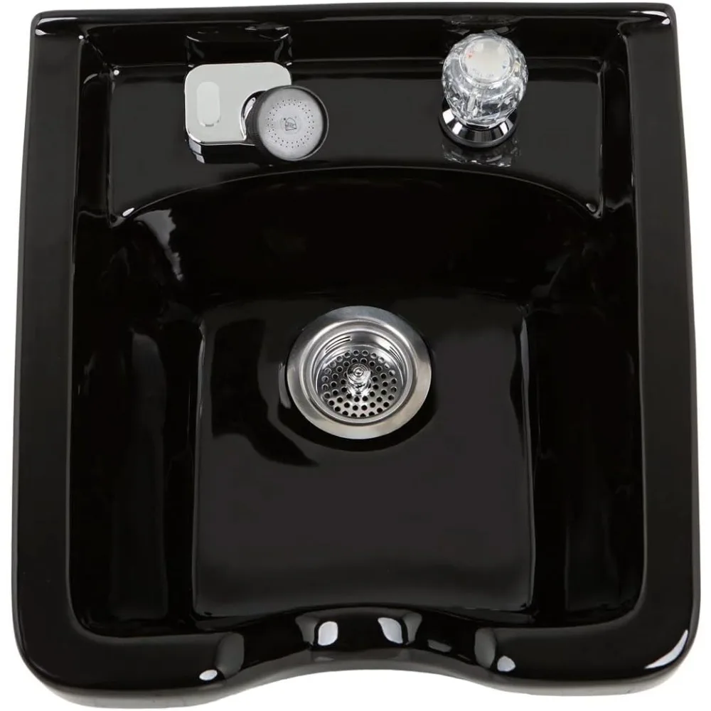 

Heavy-duty black porcelain shampoo bowl with single-handle faucet, spray hose & hardware. Wall-mounted design built