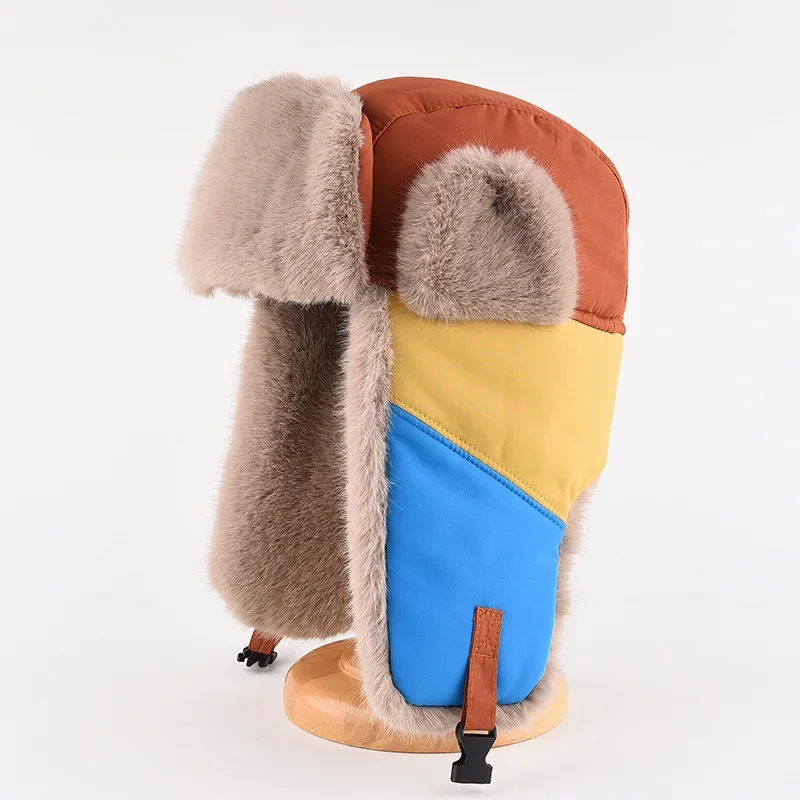 Fashion Russian Fur Hat for Women Men Winter Bomber Trooper Hat Earflap Skiing Caps Aviator Ushanka Bright Tricolor Patchwork