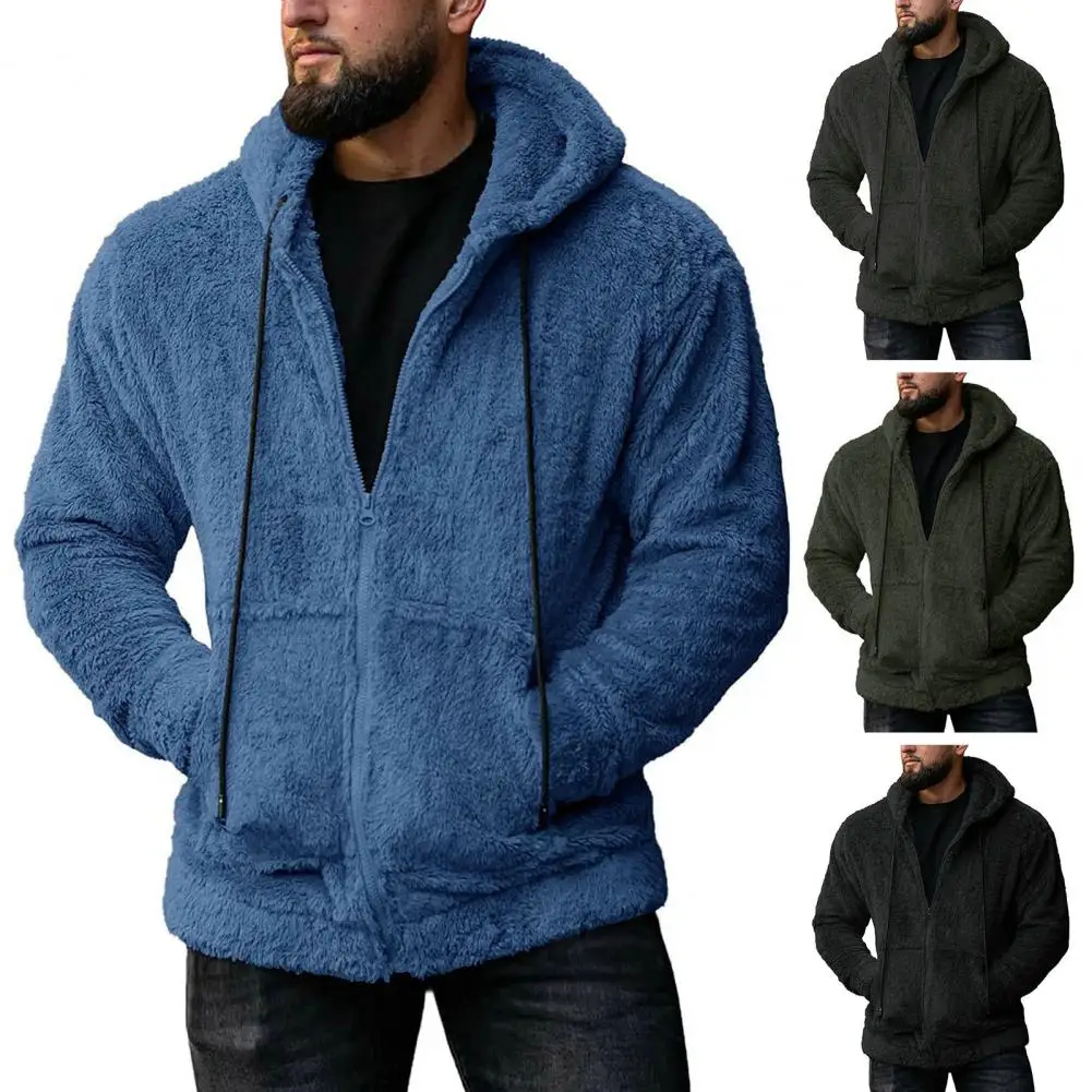 

Men Winter Coat Fleece Hooded Thick Plush Long Sleeve Drawstring Solid Color Zipper Closure Pockets Casual male Outdoor Jacket