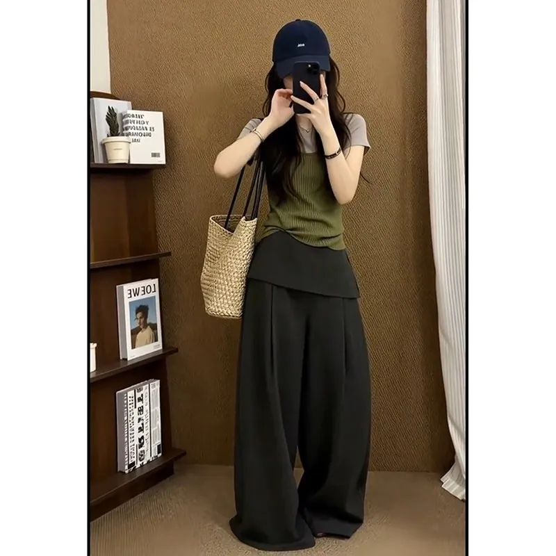 

Summer New Design Street Style Two-Piece Set Color Block Short Sleeve Top Wide Leg Floor-Length Pants Casual Fashion Ensemble