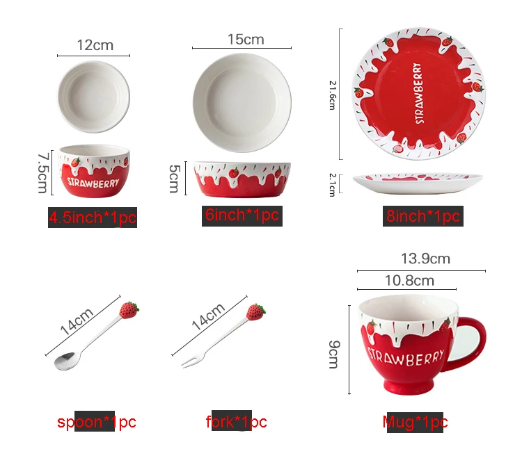 

Набор из 4 предметов, фарфоровая посуда с тиснением, Салатница с клубничным рисунком и кружка, керамическая посуда, сервизы для завтрака