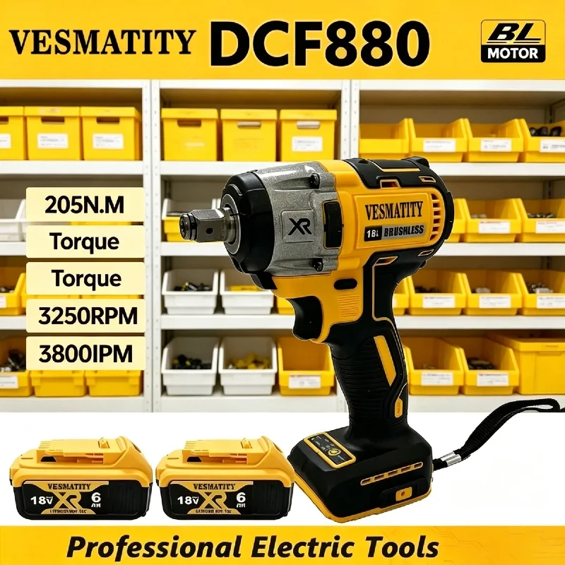 Vesmatity DCF880 205N.m 3250RPM 3800IPM Brushless Cordless Impact Driver Multifunctional Drill Tool for Battery Max Pro Plus