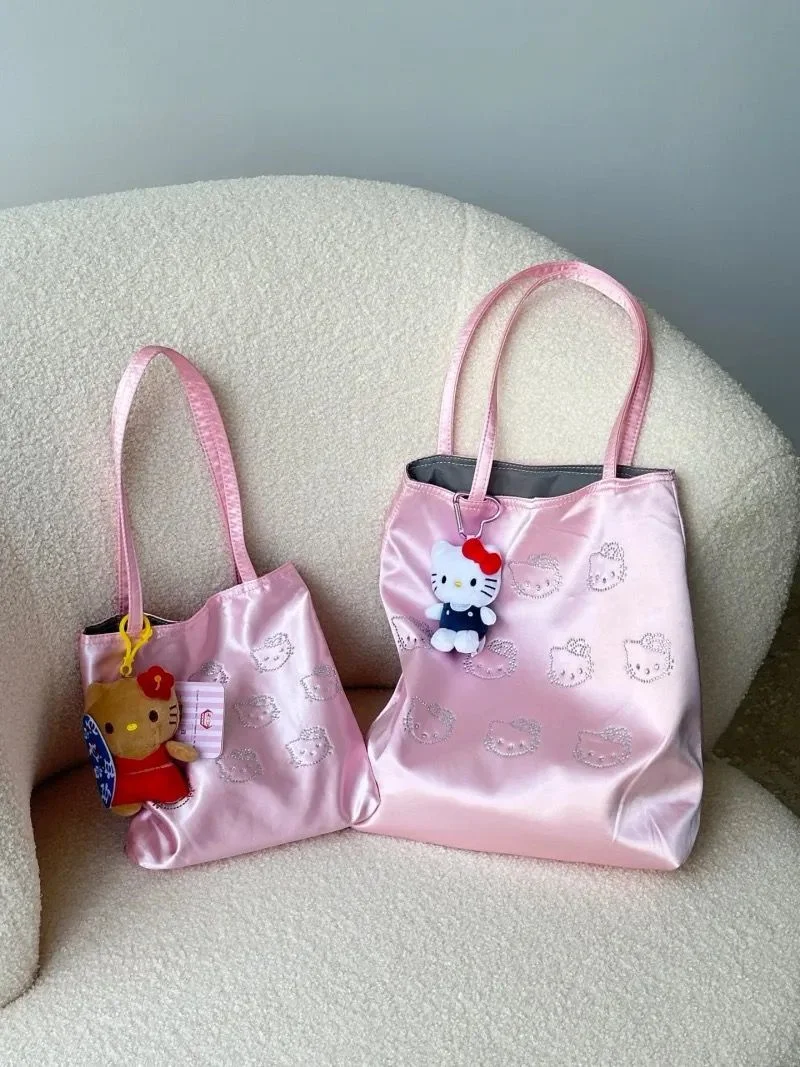 2024 New Hellokitty Full Of Satin Silk Shoulder Bag Cute Cartoon Portable Tote Bag Women