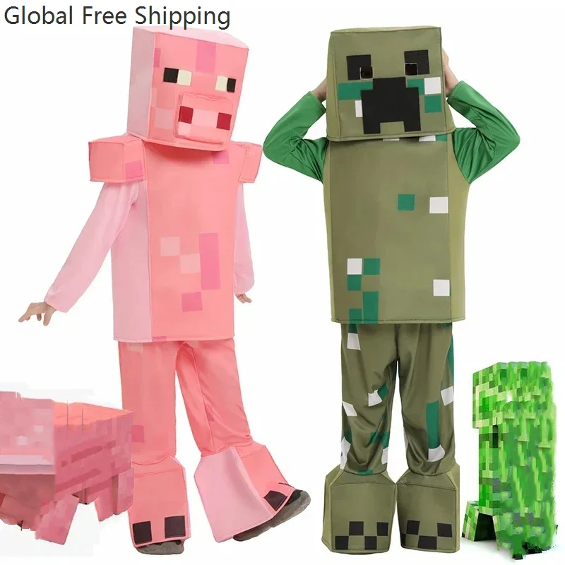 

Block Game World Role-playing Girl Pink Pig Mask Set Kids Boy Green Block Crewman Pixel Man Halloween Carnival Party Costume