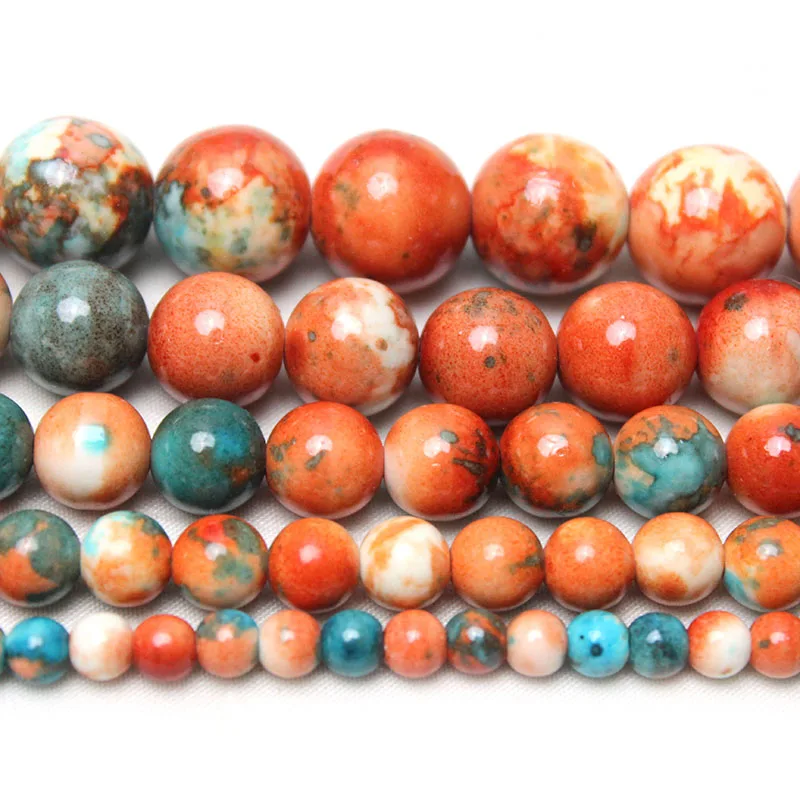 Natural Orange Blue Colorful Rain Jaspers  Stone Round Loose Spacer Beads For Jewelry Making  DIY 4/6/8/10/12mm Bracelet 15\'\'