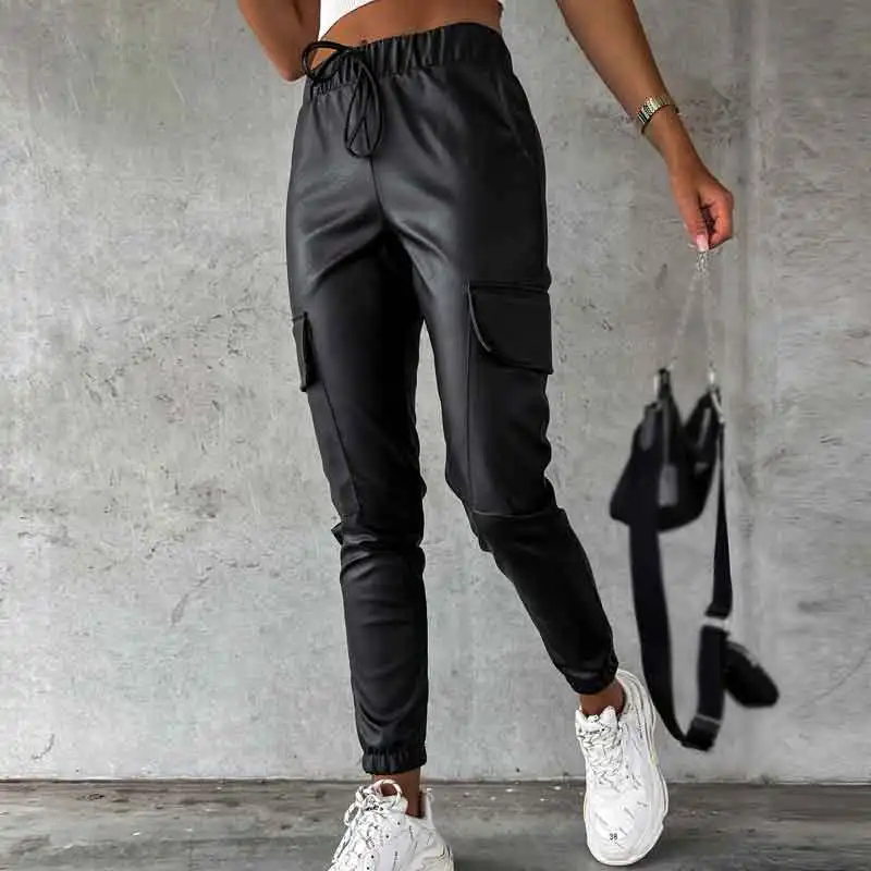 

Women Leather Hiking Cargo Waterproof Pants Black Loose Trousers Foot Retraction Opening Pants Slim Stretchy PU Casual Pants