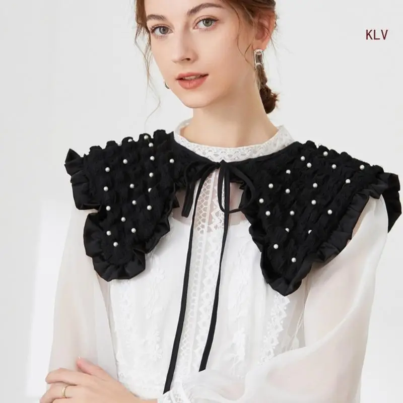 

Ruffled Collar Girls Frilled Clothes Accessiory Decorative Half Shirt Collar with Pearls Traditional Large Lapel Shawl