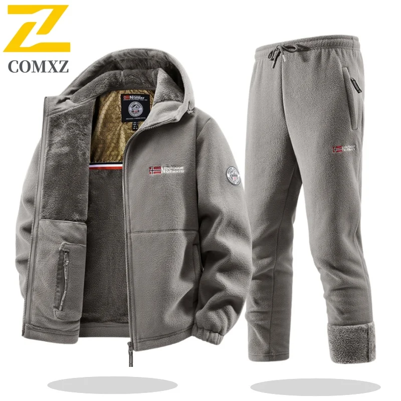 

COMXZ Winter Men Fleece Tracksuit Casual Warm Hooded Sportswear Jackets + Pants Two Piece Sets Training Running Sweatsuit Set