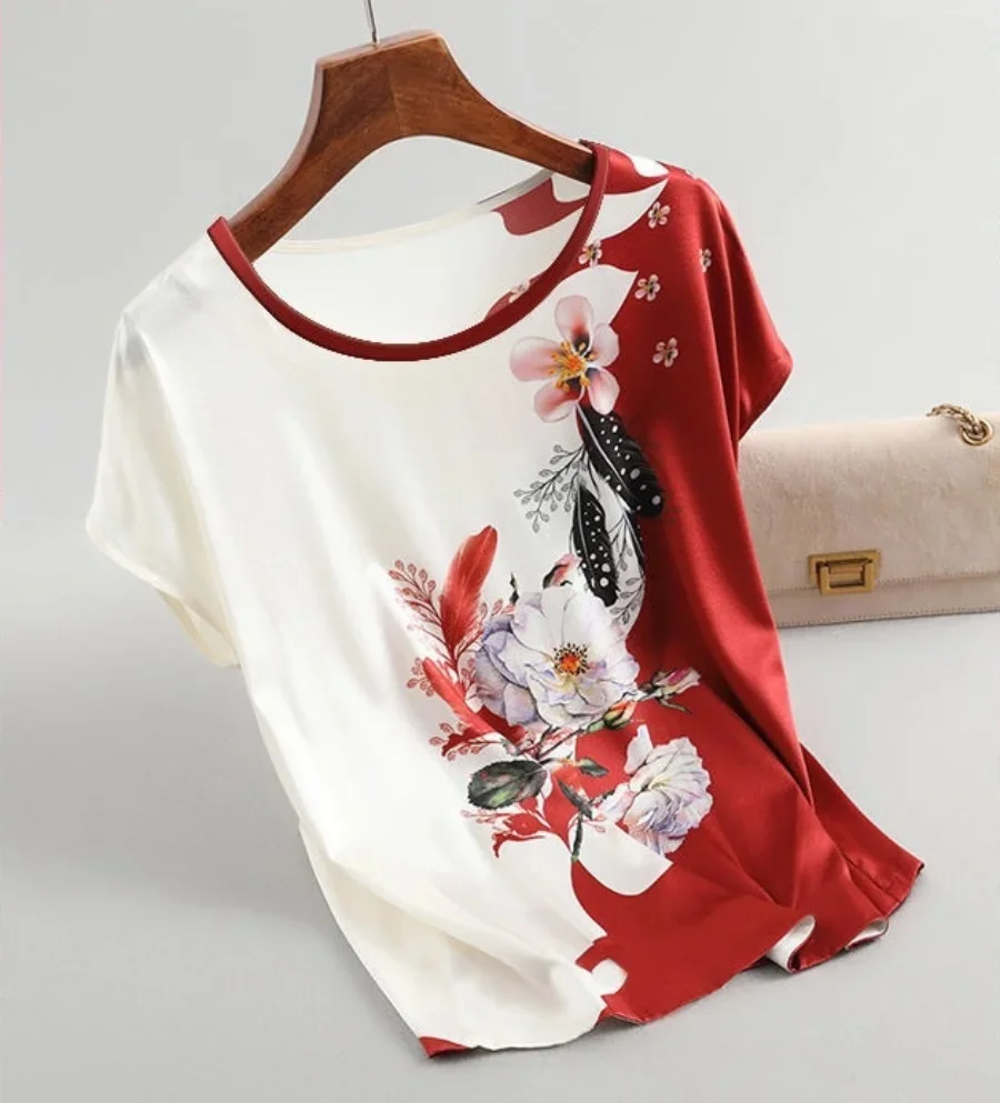 Fashion Floral Print Blouse Pullover Ladies Silk Satin Plus Size Batwing Sleeve Vintage T-shirt Casual Short Sleeve Tops