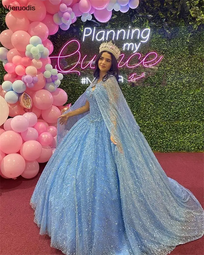 

Sky Blue 2021 Ball Gown Quinceanera Dresses Beaded Applique Flowers Beaded Sweet 15 16 Dress vestidos de xv años anos