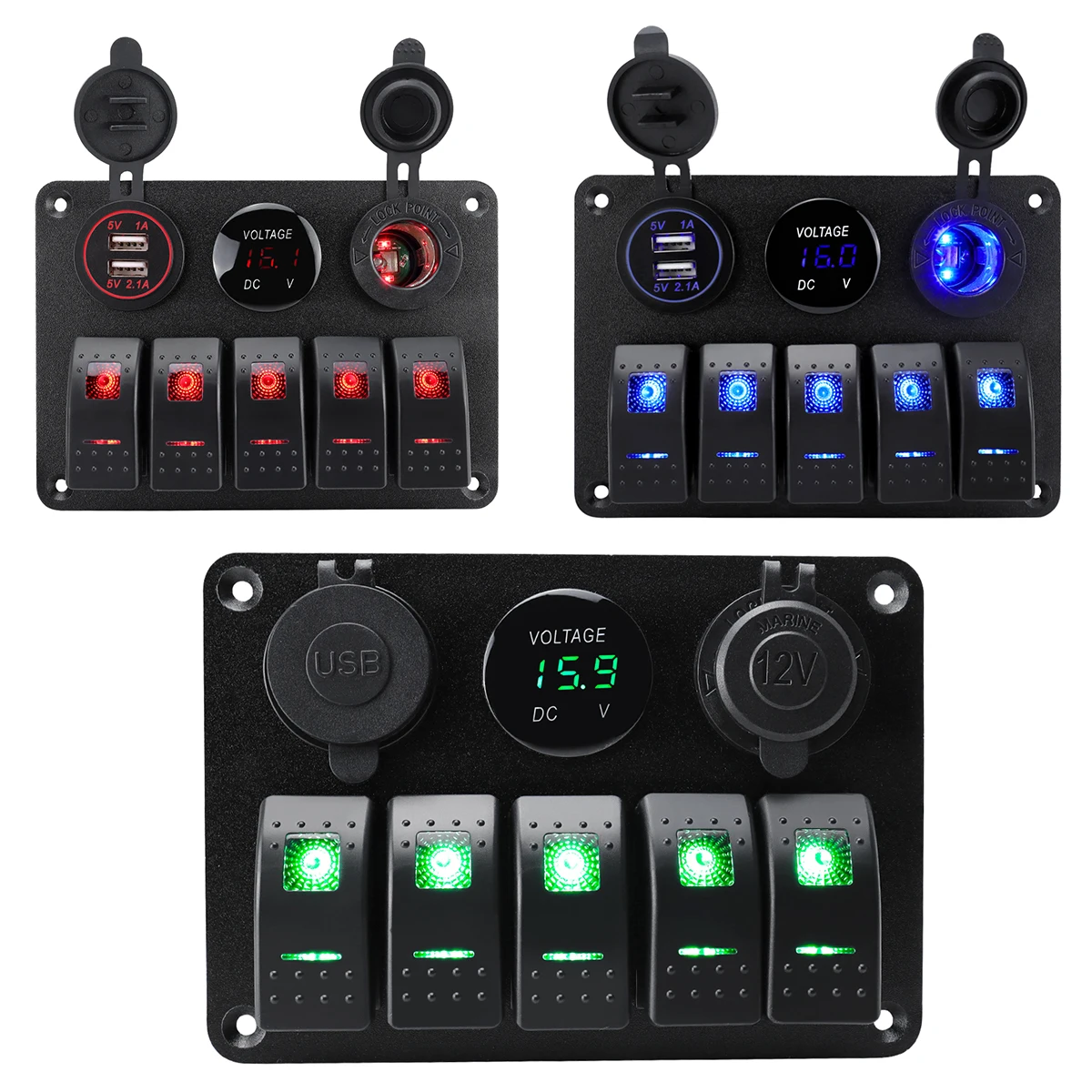 5 Sets of Rocker Switch Panels, 12-24V, with Dual USB Socket 4.2A+Voltmeter LED Light and Cigarette Lighter.