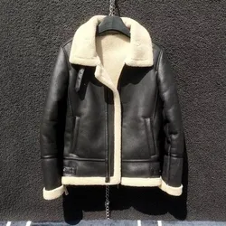 Korean Winter Lamb Wool Clothes Men B3 Fur One Motorcycle Suit Coats With Fleece Thick Suede Lapel Leather Jacket Slim Outerwear