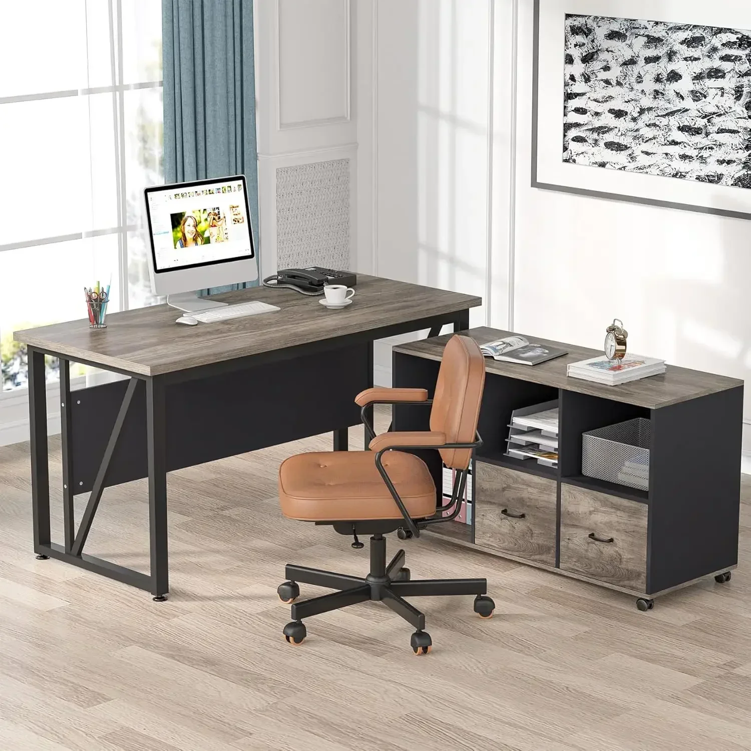 

XMSJ-Sale 55 inches Executive Desk and 43" lateral File Cabinet, L-Shaped Computer Desk Home Office Furniture with Drawers