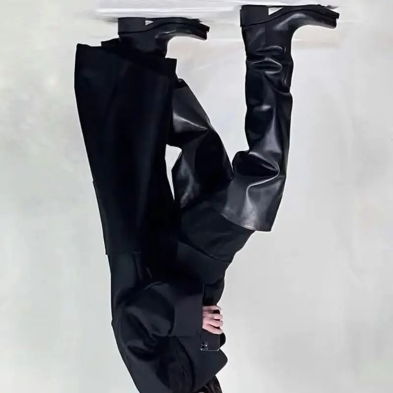 Upturned Toe Over the knee Boots Men Chunky Heel Square Toe Platform Trendy Black Leather Boots New Fashion Slip On Long Boots