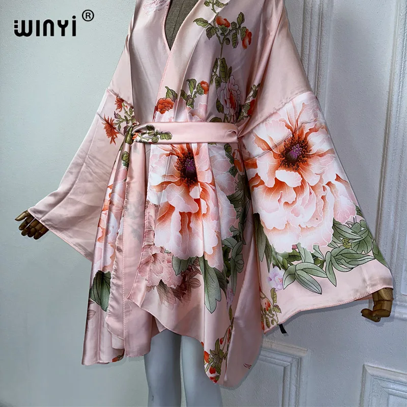 2024 WINYI Europe kimono with belt Cardigan kaftan Cocktail sexy Boho cover up beach women Africa Holiday Robe beach outfits