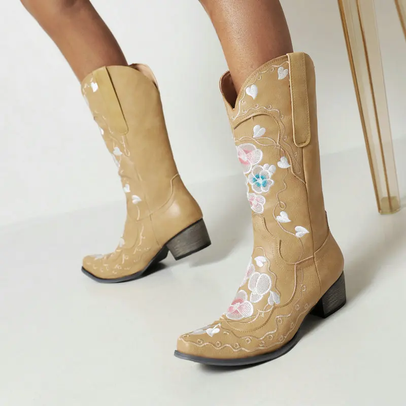 IPPEUM Western Cowboy Boots For Women Knee High Embroider Chunky Heel Cowgirl Shoes Mid Calf Botas Cowboy Mujer