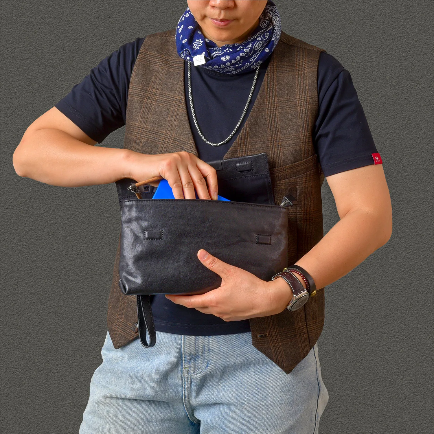 fashion genuine leather men's multifunctional shoulder crossbody bag casual designer handmade cow leather black clutch bag