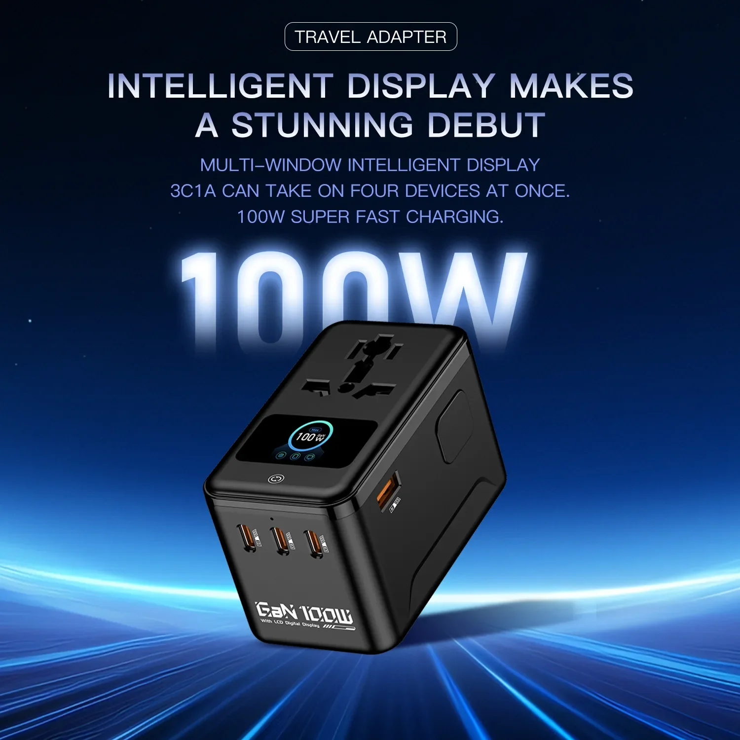 PD200W GaN Travel Adapter Multifunctional Universal Conversion Socket With Animated Digital LCD Display Screen Fast Charger Plug