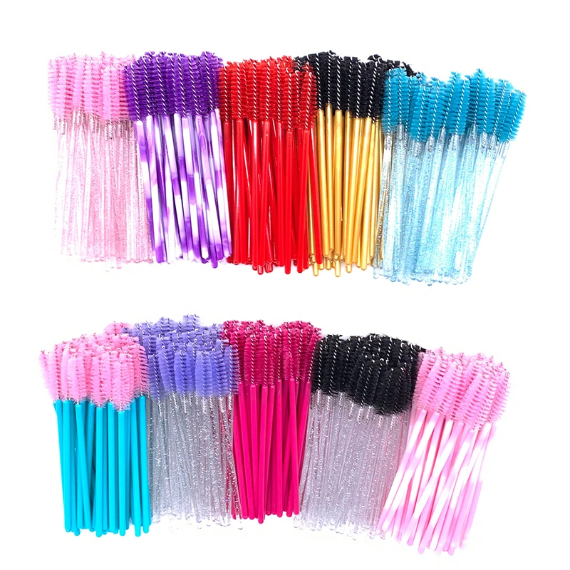 Aplicador de cílios de cristal brilhante, alça descartável, nylon, duas cores, varinhas de rímel, pincéis rosa, 50 pcs